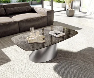 Produktbild von DELIFE Couchtisch Edge Boot 120x70 cm Keramik Emperador Extra Lucidato Dunkelbraun Conis Edelstahl gebürstet