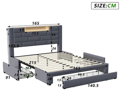 Obrázek produktu pro Postel s čalouněnou konstrukcí - manželská postel 160 x 200 cm - 3 zásuvky - LED čelo - postel s úložným prostorem - potah z veluru - šedá barva
