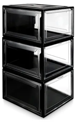 Produktbild von Schuhbox, 3er Set, stapelbarer Schuhorganizer, Kunststoffbox mit transparenter Tür, Schuhaufbewahrung, für Schuhe bis Größe 48, transparent schwarz