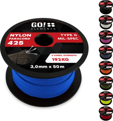 Produktbild von GO!elements 50m Paracord Seil aus reißfestem Nylon - 3mm Paracord 425 Typ II max. 192kg - Schnüre als Outdoor Seil, Allzweckseil, Survival Seil, Armband, Hundeleine, Nylonschnur, Farbe: Blau