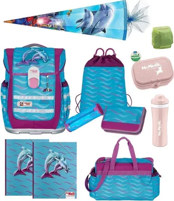 Produktbild von McNeill Schulranzen Mädchen 1. Klasse 12-tlg. Komplett-Set Ergo Complete FINNY mit Sporttasche und Delfine Schultüte 85cm