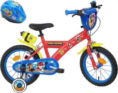 Immagine prodotto di Bicicletta per bambini Paw Patrol, 14 pollici, dotata di 2 freni, placca frontale decorativa, portaborraccia posteriore e casco Paw Patrol inclusi, colore rosso, 14 pollici