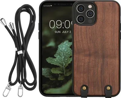 Produktbild von kwmobile Necklace Case kompatibel mit Apple iPhone 12 / iPhone 12 Pro Hülle - Holz TPU Cover mit Handykette - Band Handyhülle Dunkelbraun