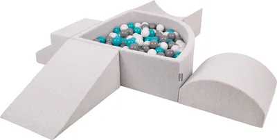 Produktbild von KiddyMoon spielplatz aus schaumstoff mit viertel eckig bällebad (200 bälle) hindernisläufe, hellgrau:grau/weiß/türkis