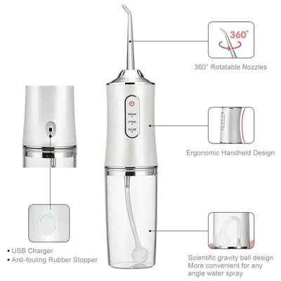 Produktbild von Munddusche elektrisch, 3 Modi, 220 ml Wassertank, 4 Düsen, 1200 mAh Akku, USB-aufladbar, IPX7 wasserdicht – Weiß