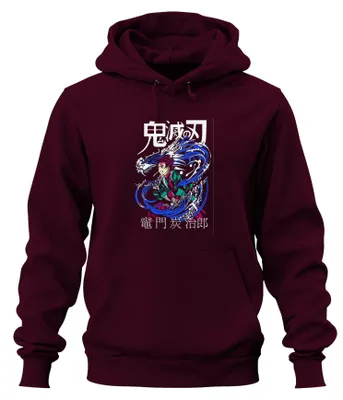 Imagen del producto de Sudadera con capucha uni, estilo streetwear Y2K, inspirada en el anime "Demon Slayer" con el personaje Tanjiro Kamado y el diseño del dragón de agua. Color burdeos, talla M