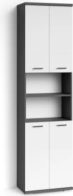 A tall, narrow cabinet with white doors and gray sides, standing against a white background.