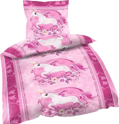 A pink unicorn-themed duvet cover and pillowcase set.