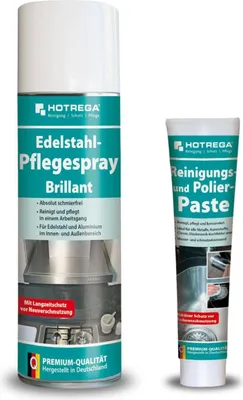 Produktbild von HOTREGA Edelstahl-Pflegespray Brillant 500ml und Polierpaste 125ml | Entfernt Fett, Kalk, Rostflecken und Fingerabdrücke auf Edelstahl & Metallflächen