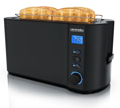 Image de Arendo Grille-pain 4 tranches, Fente longue, Fente longue, Acier inoxydable, 1500W, Écran avec affichage du temps restant, Support à petits pains, Fonction dégivrage, Boîtier thermo-isolant, Noir