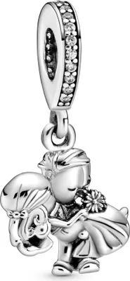 A silver charm depicting a couple embracing.