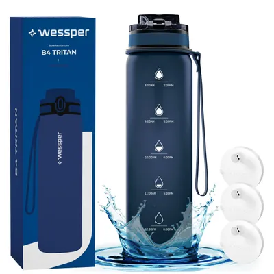 Produktbild von Wessper Activemax Triline 1l Wasserflasche + 3x Wessper Actitex Disc Filterpatrone | Flasche in Blau, komplett mit Wasserfilterpatrone