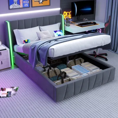 Image de AIORBER Sommier, 160x200cm, Tête de lit avec barre de LED 16 couleurs, 2 prises USB & 1 prise Type-C, Boxspring hydraulique avec espace de rangement, velours