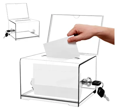 Produktbild von Abschließbare Spendenbox: 16x12x10cm transparente Acrylspendenbox, Wahlurne mit Schloss für Stimmzettel, Gewinnspiele und Wettbewerbe, sichere Aufbewahrungsbox mit Schlüssel
