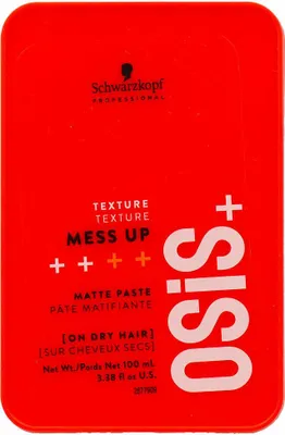 A red tin of Schwarzkopf Professional Osis+ Texture Mess Up Matte Paste.