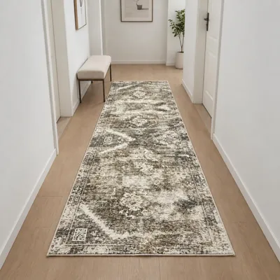 Obrázok produktu pre Beige koberec s ornamentálnym vzorom a štruktúrou, evokujúci vintage štýl, rozmer – 80 x 300 cm