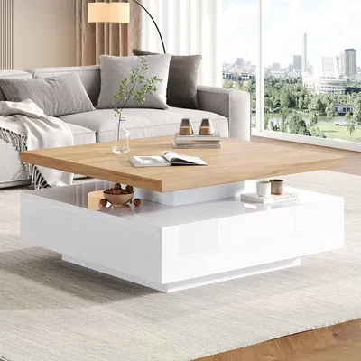 Image de OKWISH Table Basse Rotative avec Rangement et Tiroirs, 360° Pivotante, Panneau de Particules, Blanc + Noyer - 70x70x36 cm