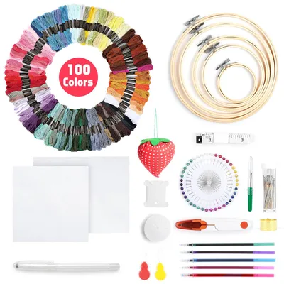 Produktbild von Ein Stickrahmen-Starterset mit 100 Farben Stickgarn und Zubehör
