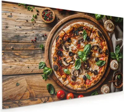 Produktbild von Küchenrückwand Spritzschutz Glas mit Motiv Holztisch Pizza 40 x 40 cm