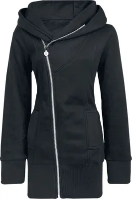 Produktbild von RED by EMP Damen schwarze lange Sweatjacke mit asymmetrischem Reißverschluss, großer Kapuze und Einschubtaschen XL