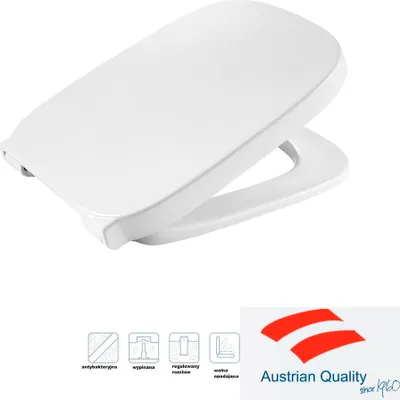 A white toilet seat is shown from a slightly elevated angle, with its lid open. Below the seat are four small icons with Polish text, and to the right is a logo with the Austrian flag and text.