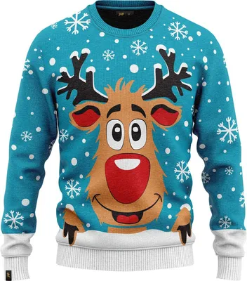 Obrázek produktu pro JAP Christmas Ošklivý vánoční svetr Sob Rudolf - 100% recyklovaný - Uni pro ženy i muže - Světle modrá - Velikost S