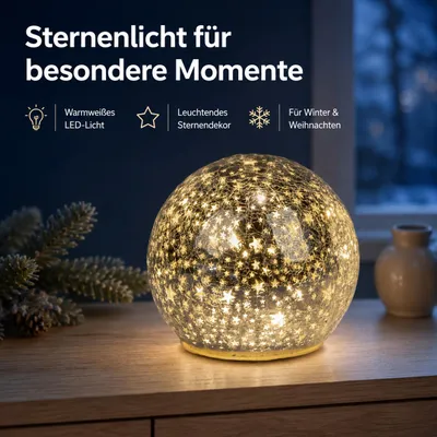 Produktbild von formano LED Deko-Kugel 15 cm Sterne Silber Glaskugel Timer 6h / 18h beleuchtet