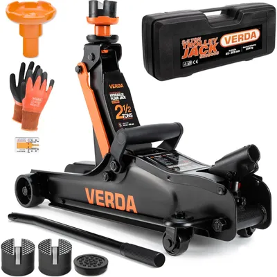 A black and orange hydraulic floor jack with various accessories, including gloves, a carrying case, and a handle, displayed on a white background.