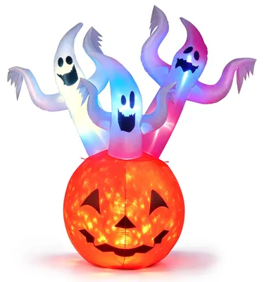 Immagine prodotto di COSTWAY: Decorazione gonfiabile per Halloween da 185 cm con zucca e 3 fantasmi, decorazione da giardino con luci LED, decorazione spaventosa, con cordini e sacchetti di sabbia integrati