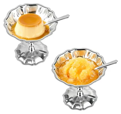 Eisbecher aus Edelstahl, 2 Sets mit Löffeln, silberner Fuß, 120 ml