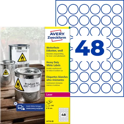 Produktbild von Avery Zweckform L4716-20, Wetterfeste Folien-Etiketten, A4, ? 30 mm, 960 Etiketten / 20 Bögen, weiß