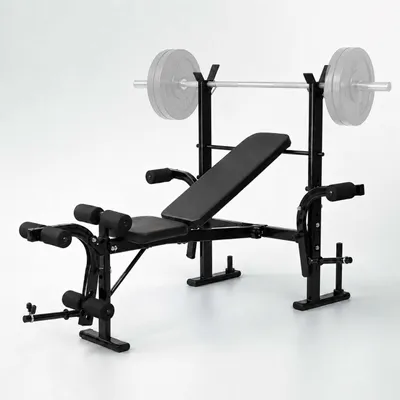 Produktbild von Relaxdays multifunktionale Hantelbank, Hantelablage, Butterfly-Arme, Beinstrecker, verstellbar, klappbar, Stahl, schwarz, KI-generiertes Bild