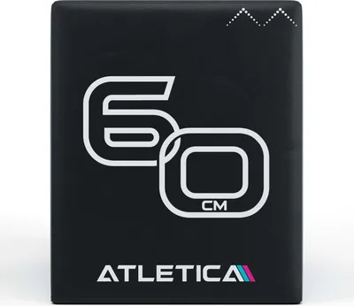 A black plyometric box with white markings and branding.