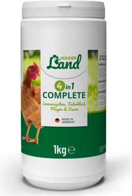Produktbild von HÜHNER Land 4in1 Complete 1kg für Hühner & Geflügel – Futterergänzung Vitamine für Hühner mit Zeolith, Bierhefe, Hagebutte & Topinambur - Für Gefieder, Immunsystem, Magen-Darm