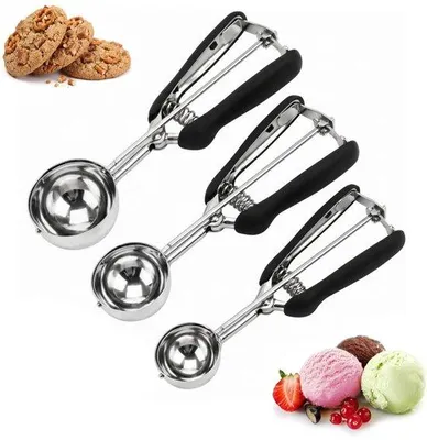 Imagen del producto de Cucharitas para helado - 3 unidades - Cucharitas para galletas - Cucharones para helado - 38 mm / 44 mm / 53 mm - Acero inoxidable - Con extractor - Cucharón para mezclar - Cucharón para frutas - Cucharón para masa de galletas - Paleta para helado - Cucharón para buñuelos - Para cocina, helado familiar, galletas, cupcakes