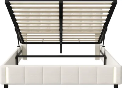 Image de Lit coffre 140x200 cm avec rangement, capitonné velours beige, sommier LED, lattes