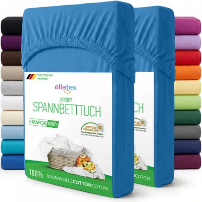 Produktbild von EllaTex 2er Pack Jersey Spannbettlaken 180x200–200x220 mit 40 cm Steg Baumwolle – Spannbetttücher Set für Boxspring & Wasserbett, in Farbe: Royalblau