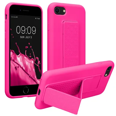 Produktbild von kwmobile Handyhülle für Apple iPhone SE (2022) / SE (2020) / 8 / 7 Hülle - TPU Silikon Case mit Fingerhalter und Stand - Schutzhülle Cover in Neon
