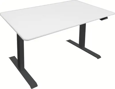 A white desk with black legs on a white background.