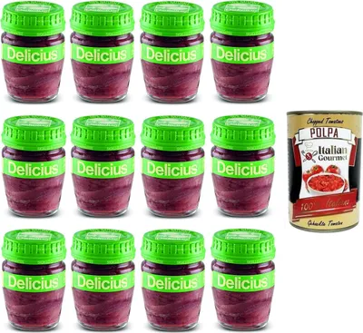 Produktbild von 12x Delicius Filetti Di Alici In Olio Di Girasole,Sardellenfilets in Sonnenblumenöl,Hochwertiger Blauer Fisch,Glas 58g + Italian Gourmet Polpa di Pomodoro 400g Dose
