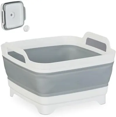 Produktbild von PolkaHome® Klappbare Abtropfschale mit Ablauf, 9 Liter, Camping Waschbecken, Faltbare Spülschüssel, Weiß-Grau, 20 x 31 x 31 cm