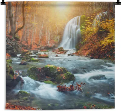 Produktbild von MuchoWow® Wandteppich Wandbehang Wasserfall - Sonne - Herbst 90x90 cm Tapisserie Dekoration Wandtuch - Wandaufhänger