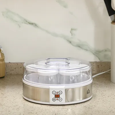 Produktbild von Joghurtbereiter mit 7 Gläsern, Joghurtmaschine Edelstahl, LED-Anzeige, automatisch, Weiß | 24x24x13 cm | 7x180 ml | PTC-Heizung