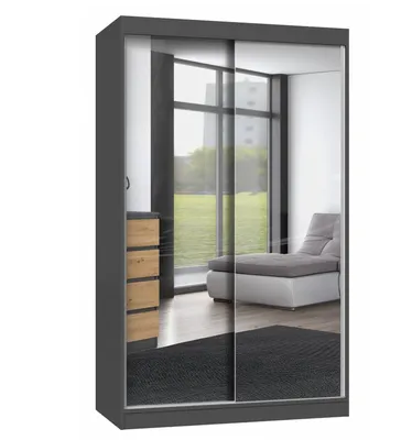 A wardrobe with mirrored doors reflecting a room with a sofa and a window.
