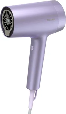 A studio shot of a purple Philips hair dryer against a white background.