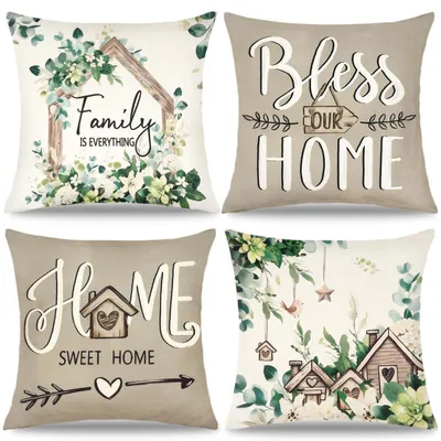 Produktbild von 4er Set Kissenbezüge Eukalyptus Blätter Holzhäuser 45x45 cm Dekorative Kissenhülle Grün