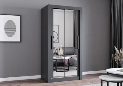 Produktbild von Easy4You MN Grau Schiebetürenschrank Kleiderschrank 100x200x64 cm mit Spiegel - Schlafzimmermöbel, Aufbewahrung – Mehrzweckschrank mit 2 Kleiderstangen