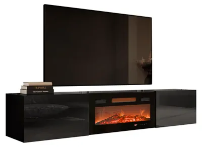 Produktbild von Mirjan24 TV-Lowboard Slide 200 mit Elektrischem Kamin, Stilvoll TV Schrank, TV Tisch, LED-Flamme (Farbe: Schwarz Matt / Schwarz Hochglanz, mit Kamin Schwarz)