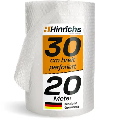 Immagine prodotto di Hinrichs - Pellicola a bolle d'aria 30 cm x 20 m, perforata - 100% riciclabile - Pellicola a bolle per imballaggio