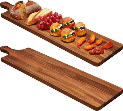Imagen del producto de Silecomplaza, 2 tableros de charcutería de madera de acacia, tabla de servir de acacia con asa, bandeja rectangular de madera de acacia, plato de servir de madera, tabla de servir de madera natural para quesos y alimentos (58,9 x 17,8 cm, con asa)